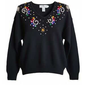 Diversity L Black Vintage 80's Embellished Sweater‎ Rhinestone Beaded Pearl